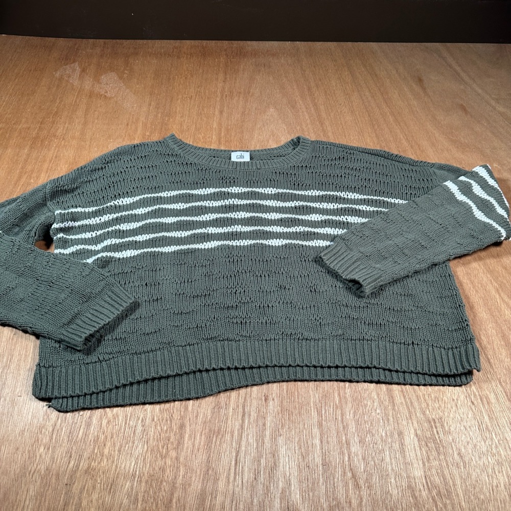 Cabi Sweater Women Small Green Striped Knit Cropped Pullover 5829 Boho Casual